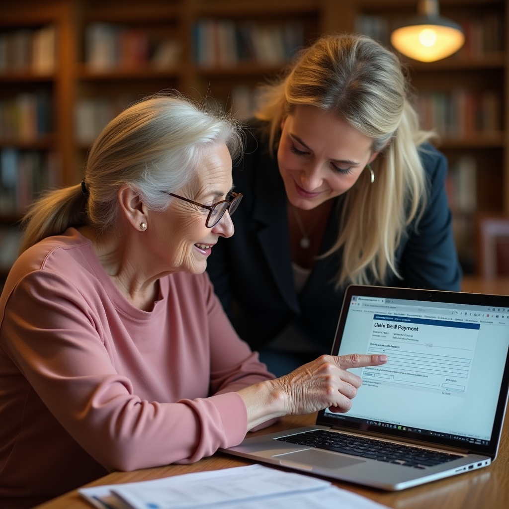 Trainer demonstrating online bill payment process to a senior participant on a laptop