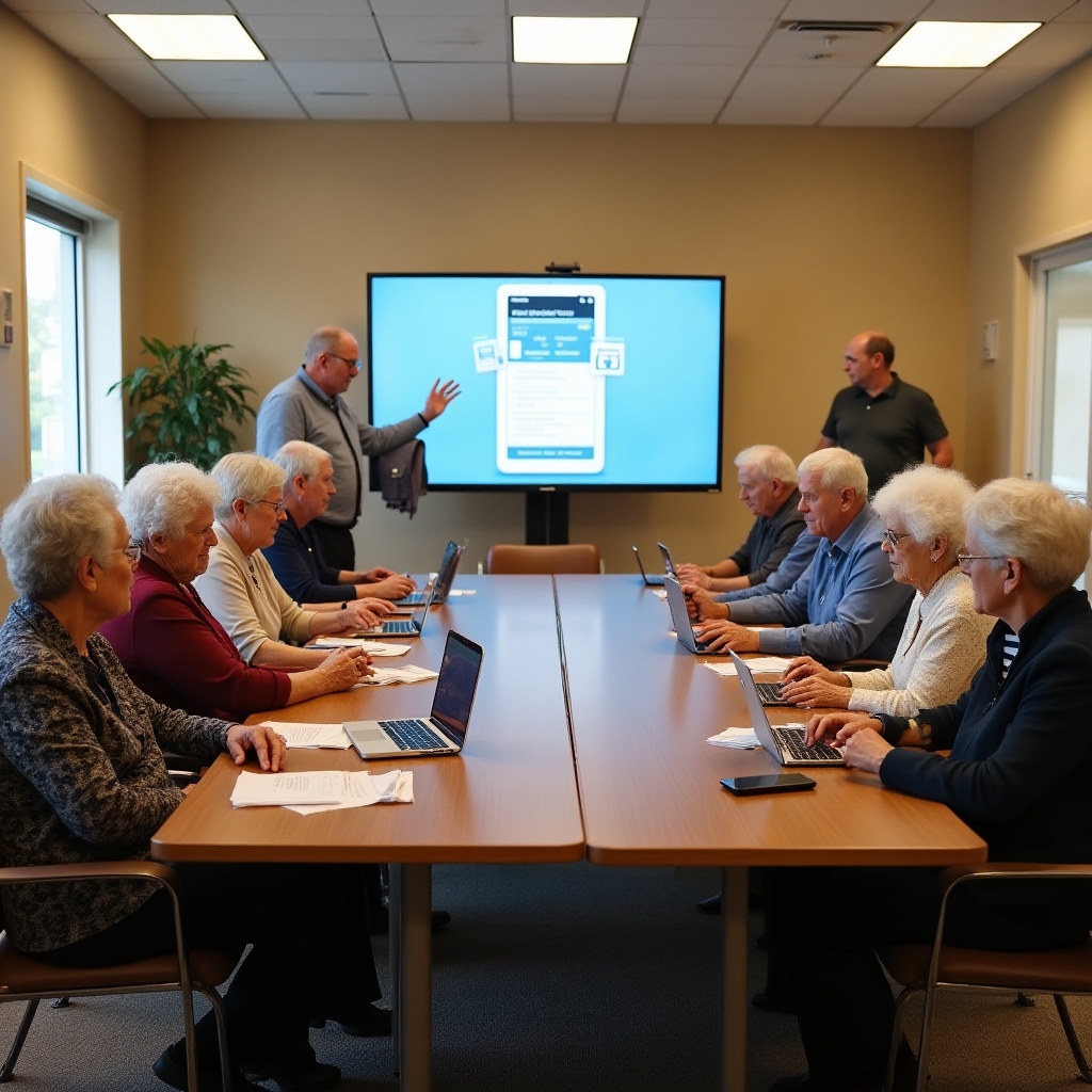 Community workshop session with multiple seniors learning together around a table