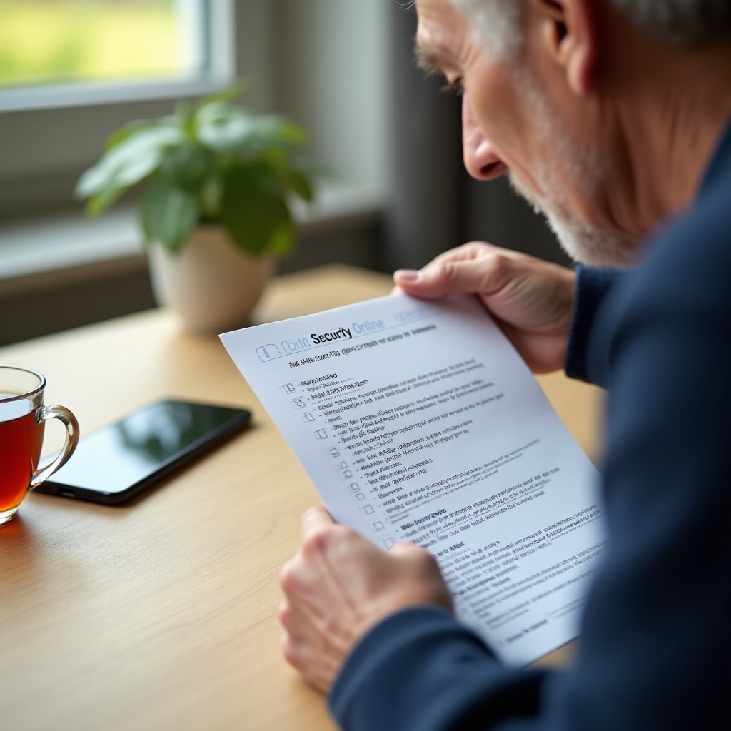 Senior man reviewing a printed digital security checklist