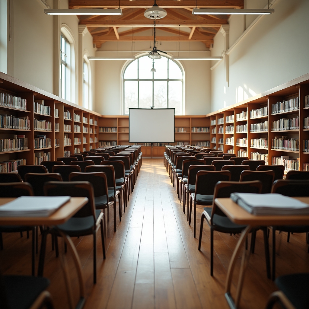 A library reading room set up for a digital banking workshop with chairs arranged around tables and a projector screen