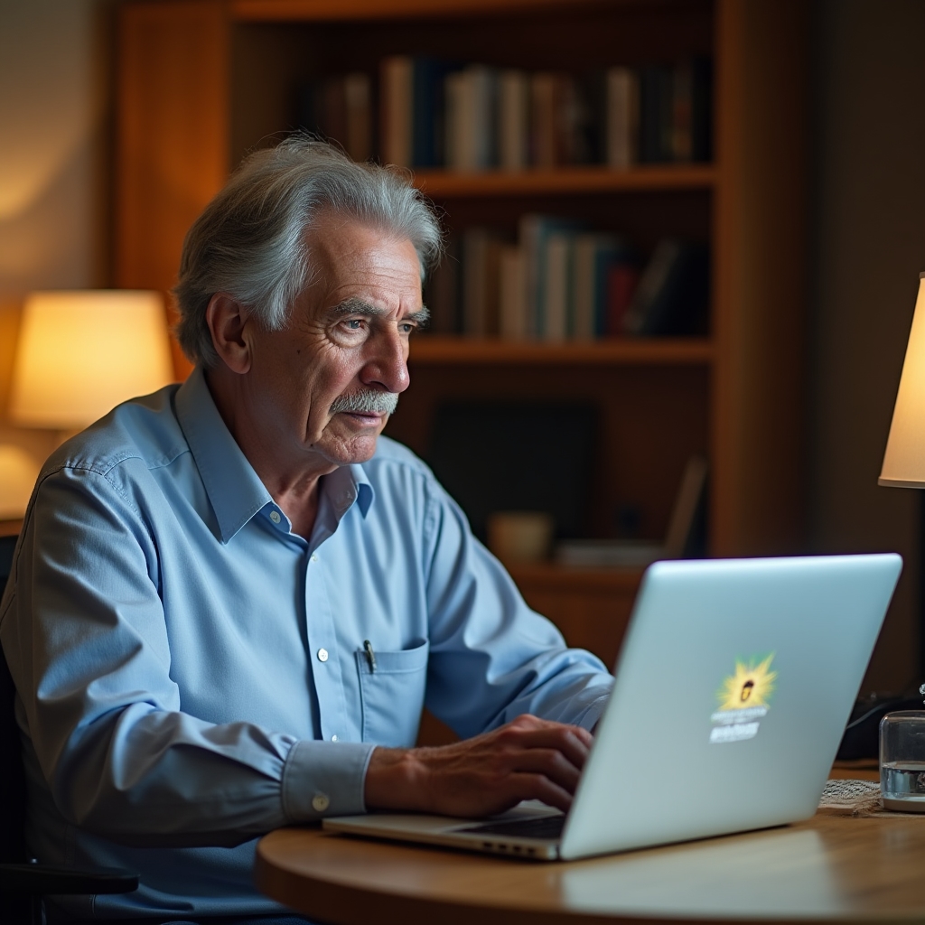 Senior person using laptop for online banking at home with secure connection indicator visible