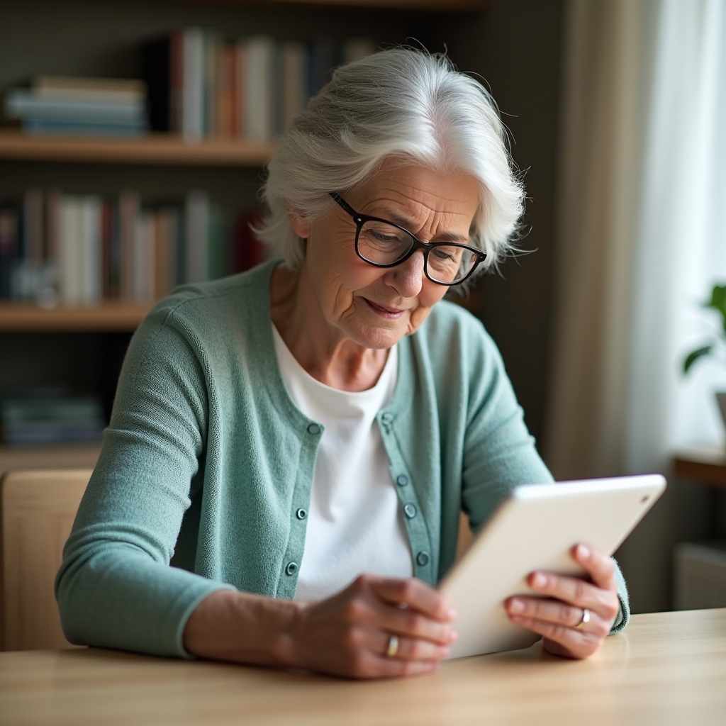Senior woman learning to use tablet for online banking