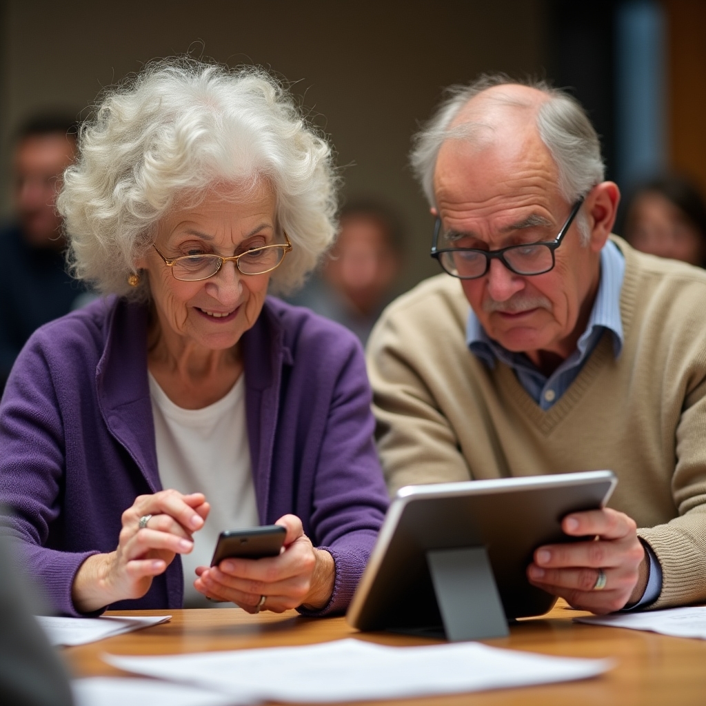 Two elderly participants practicing on smartphones during a digital banking workshop session