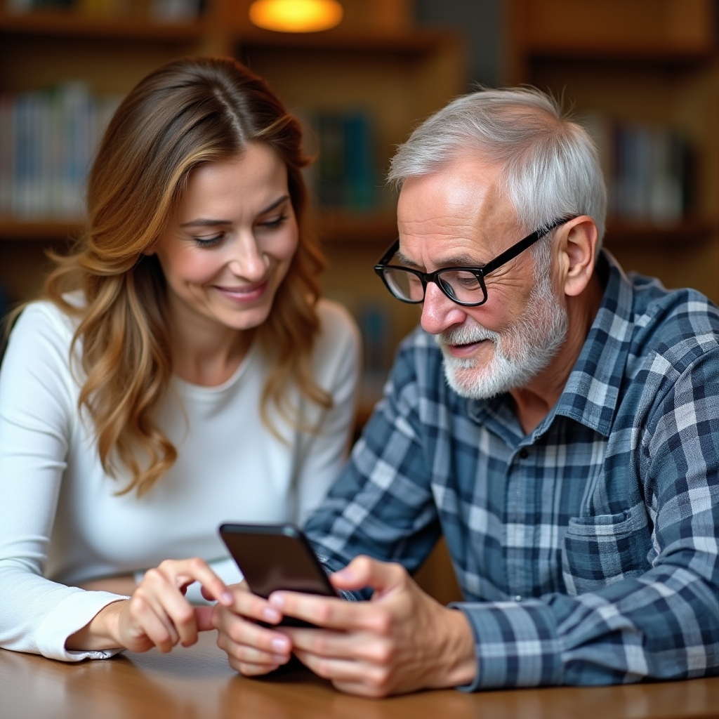 Workshop trainer working one-on-one with an elderly participant on a tablet