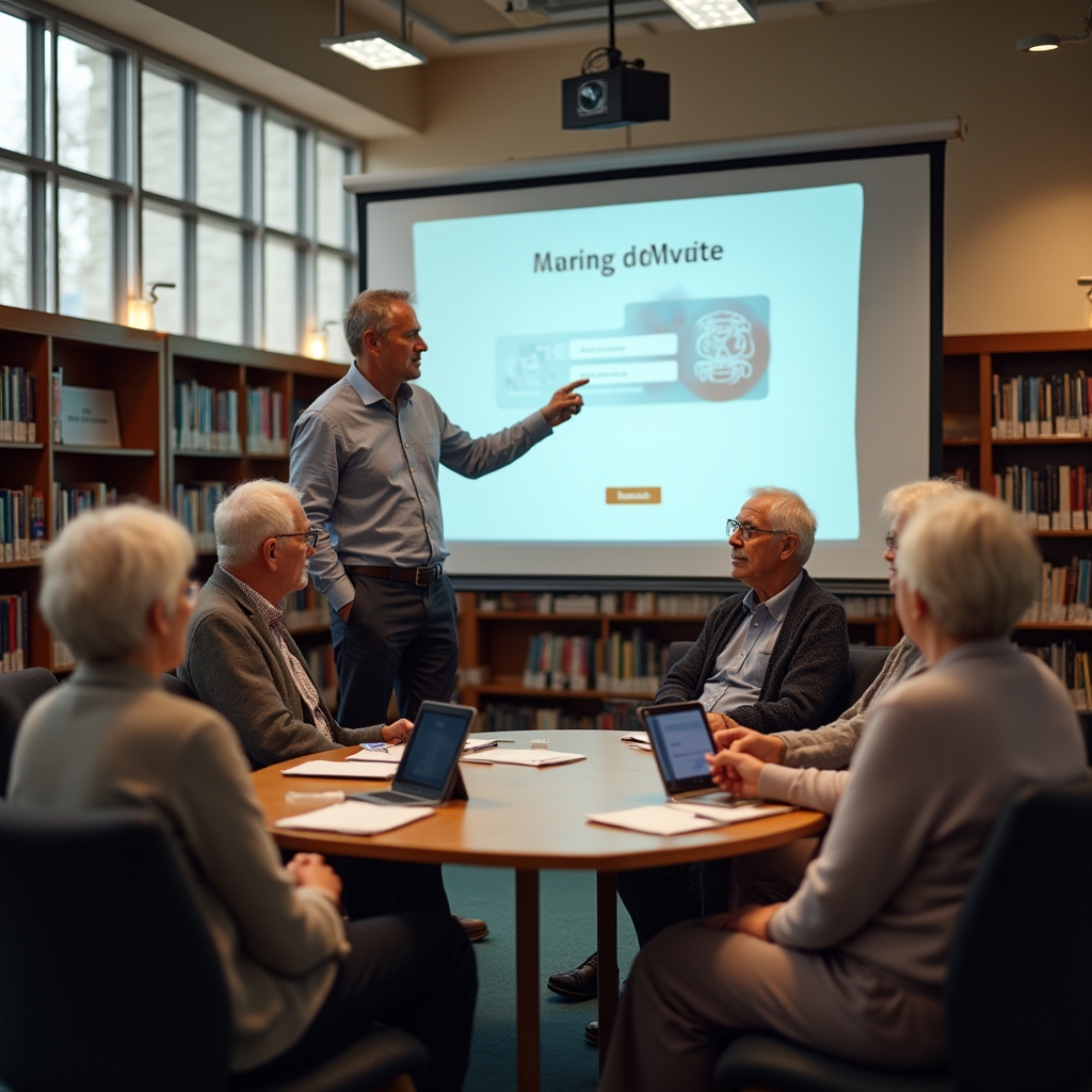 Group of seniors attending a digital literacy workshop in a library